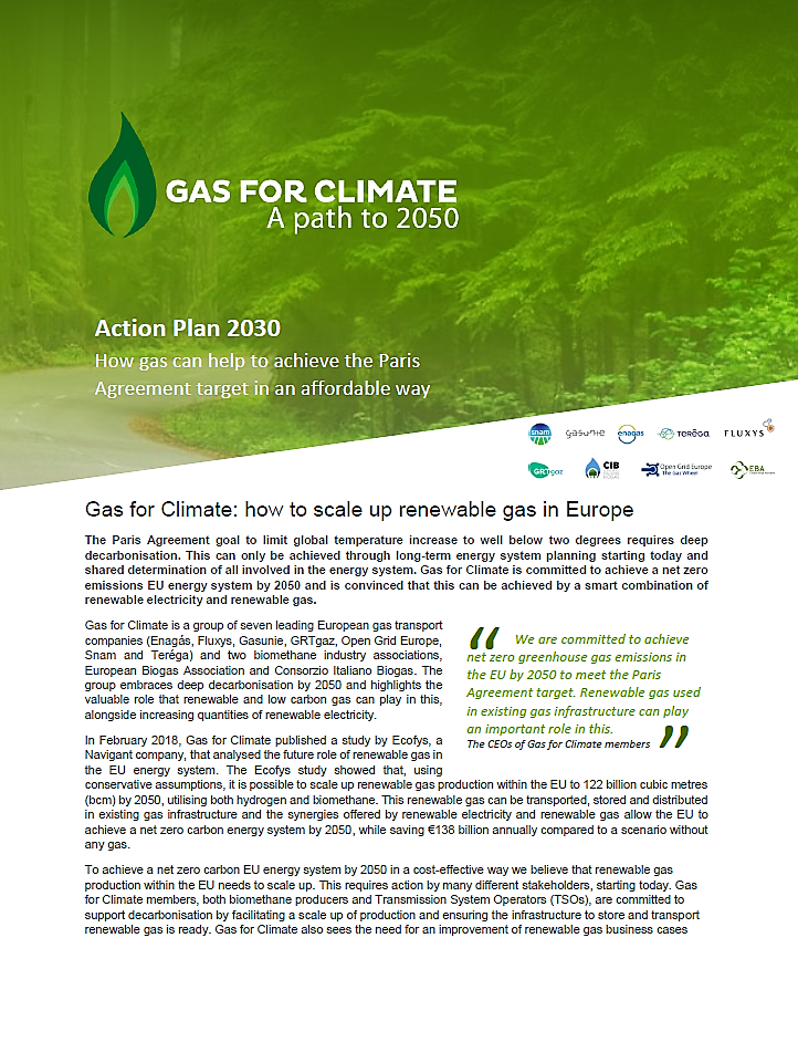 Gas for Climate: Action Plan 2030 – How gas can help to achieve the Paris Agreement target in an affordable way