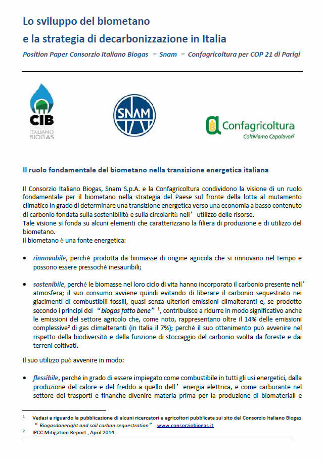 Position paper CIB, Snam, Confagricoltura (2015)