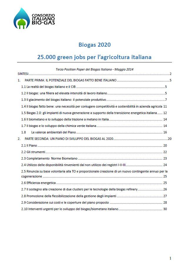 Position paper “Biogas 2020 – 25.000 green jobs per l’agricoltura italiana” (2014)